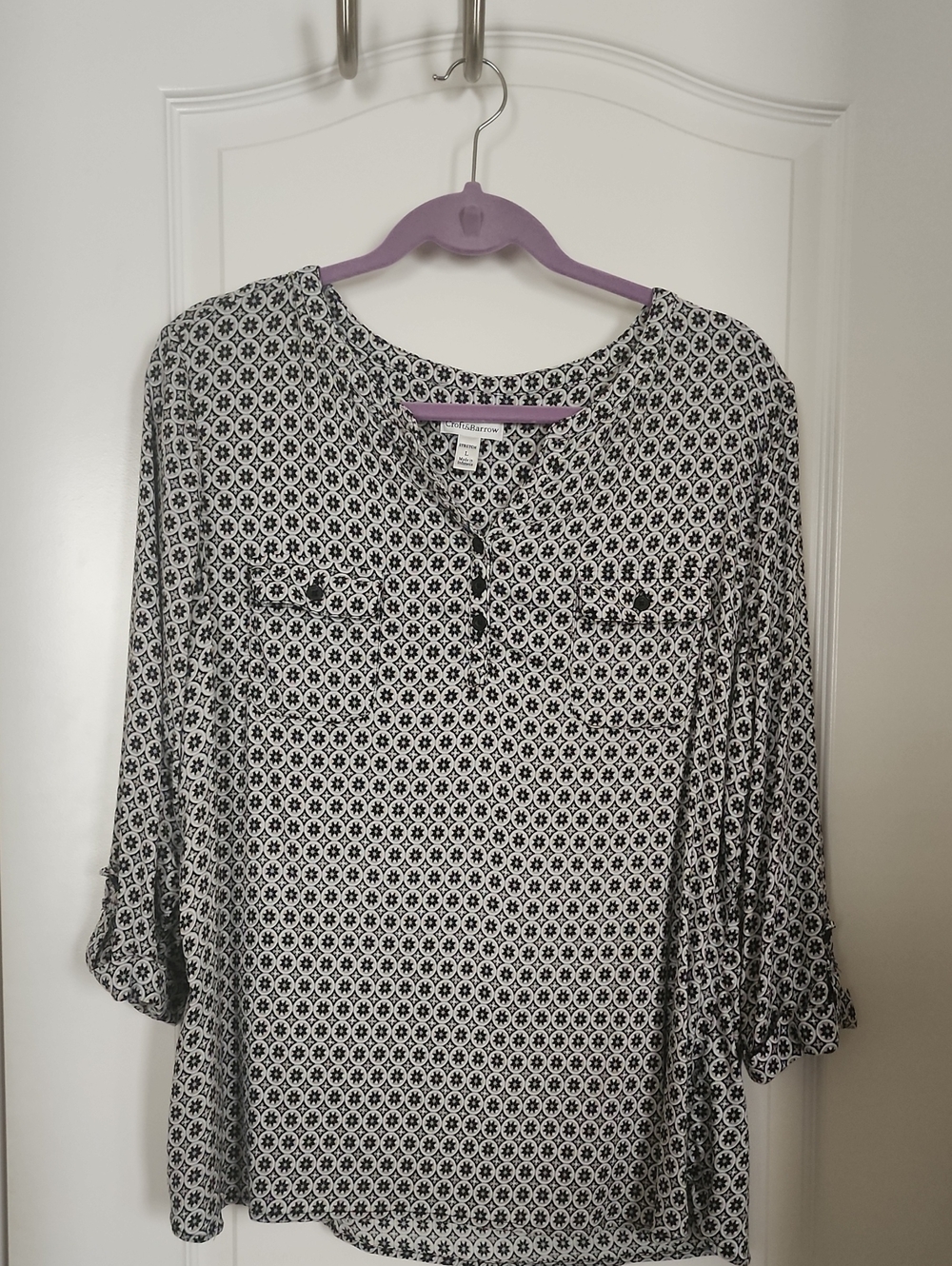 Croft & Barrow Black and White Geometric Print 3/4 Sleeve Blouse Size L